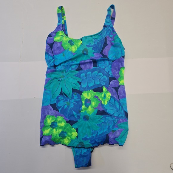Basic Editions Other - Basic Editions Vintage Floral Swimdress Blue Purple Green One Piece Size 13/14